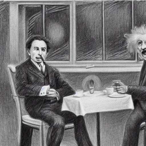 Image similar to Einstein and Tesla sitting at cafe, pencil drawing, ultra detailed