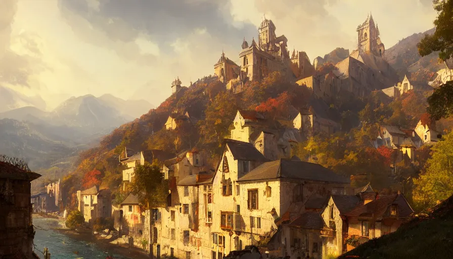 Prompt: a beautiful establishing shot of the duchy of toussaint, warm colors by greg rutkowski and kalin popov, trending on artstation, masterpiece,
