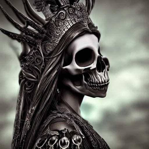 Prompt: cinestill - 5 0 d - candid photographic close - up - portrait, goddess of death, by anne stokes, photorealism, uhd - resolution, rendered in blender, cgi, hyperdetailed