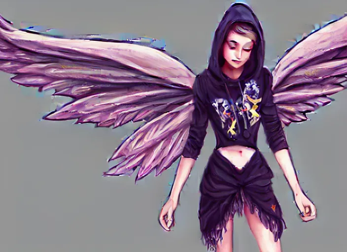 Prompt: a fairy with big wings wearing a hoodie, street fashion outfit, haute couture fashion shoot, fairy, d & d, fantasy sticker illustration, artstation