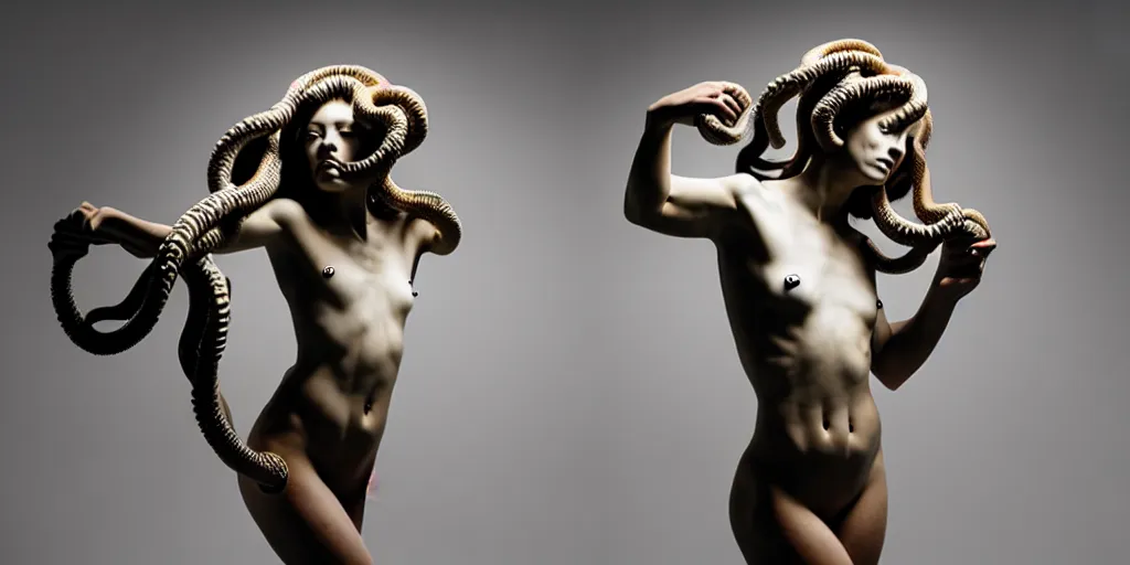 Image similar to modern sculpture, young woman as medusa, multiple poses, prominent jawline