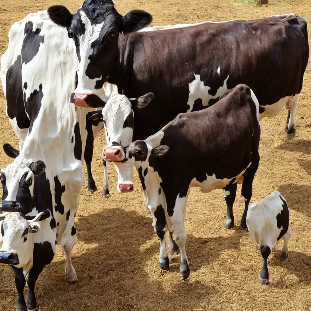 Image similar to a single cow with very large udders, she is spraying milk everywhere