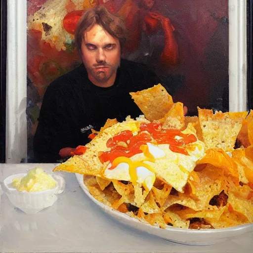 Image similar to portrait nachos with cheese and jalapeno, white background, detailed painting, epic lighting, by ilya repin, phil hale and kent williams