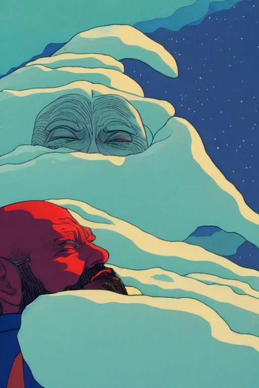 Prompt: a colorful closeup portrait of a bald long bearded man, dreaming psychedelic hallucinations in the vast icy landscape of antarctica, by kawase hasui, moebius and edward hopper, colorful flat surreal design, hd, 8 k, artstation