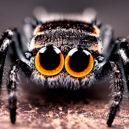 Prompt: a spider that has one eye, camera reflection on spider's eye visible, background white, 4K, close-up shoot