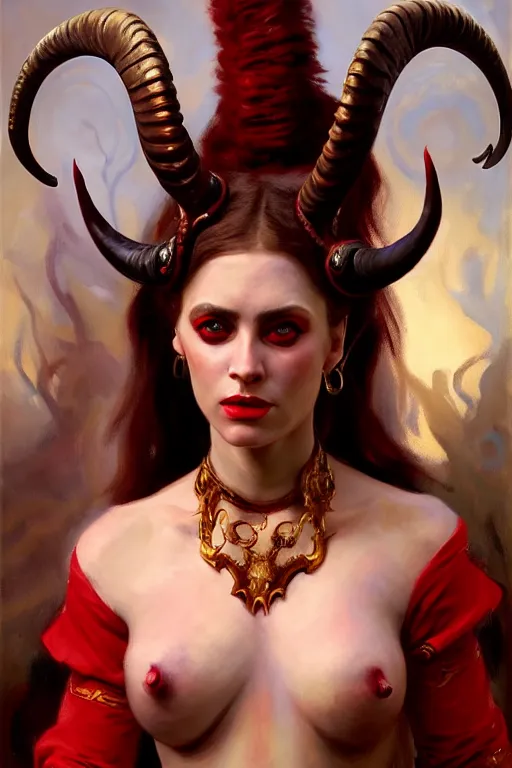 Prompt: painted close - up portrait of a attractive red - skinned intimidating demon girl with ram horns! oil painting, wearing a noblewoman's outfit, fantasy art by john singer sargent and gaston bussiere, and guillermo del toro and tyler edlin, demon noble character design, hd