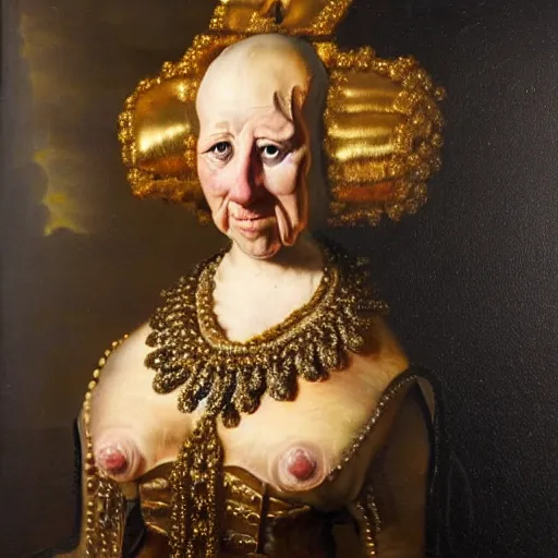 Prompt: disturbing dutch golden age oil painting by christian rex van minnen portrait of an extremely bizarre mutated proteus syndrome woman wearing shiny dress and jewels with intense chiaroscuro lighting perfect composition masterpiece