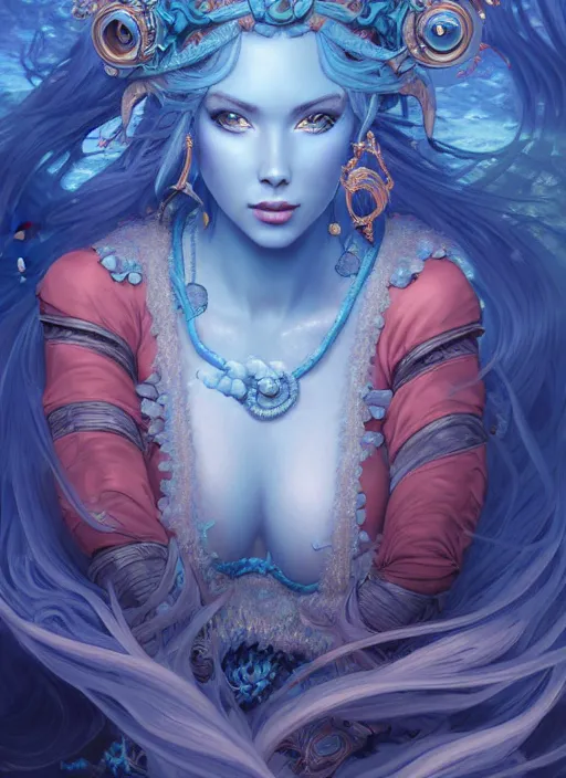 Image similar to highly detailed ilustration of a beautiful blue haired woman as a deep sea princess in a coral city of deep sea, deep focus, d & d, fantasy, intricate, elegant, highly detailed, digital painting, artstation, concept art, matte, sharp focus, illustration, hearthstone, art by artgerm and greg rutkowski and alphonse mucha