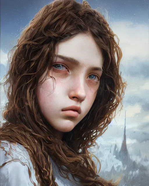 Image similar to portrait of 1 5 - year - old girl with voluminous bushy brown hair, large front teeth, and bright piercing brown eyes, hyper realistic face, beautiful eyes, fantasy art, in the style of greg rutkowski, intricate, hyper detailed, smooth