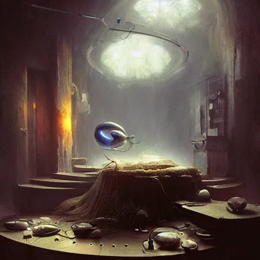 Prompt: an artist in his workshop discovering a strange alien otherworldly new form of matter, vivid caustics, realistic photography, beautiful interior, hyperrealism, incredible, award - winning photography, by greg rutkowski, lovecraftian