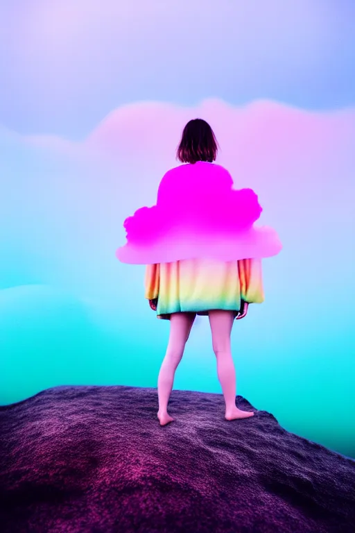 Image similar to high quality pastel coloured film close up wide angle photograph of a model wearing clothing swimming on cloud furniture in a icelandic black rock!! environment in a partially haze filled dreamstate world. three point light, rainbow. photographic production. art directed. pastel colours. volumetric clouds. pastel gradient overlay. waves glitch artefacts. extreme facial clarity. 8 k. filmic.