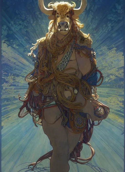 Image similar to a tauren of tranquility, hyper detailed, character concept, full body, dynamic pose, intricate, lineart, cerpuscular rays, by yoshitake amano, alfons mucha, 8 k, unreal