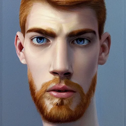 Image similar to 2 4 - year - old man, masculine face, hyper masculine features, very tall and muscular, extremely pale skin, square jaw, ginger hair, sapphire blue eyes, hyper realistic face, beautiful eyes, highly detailed, digital painting, smooth, sharp, strong face, expressive eyes, medium long wavy ginger hair, art by greg rutkowski and alex gray