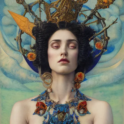 Image similar to queen of the moon with stars in her hair, by tino rodriguez and annie swynnerton and nicholas roerich and jean delville and donato giancola and tom bagshaw and lucien freud, dramatic lighting, floral tattoos, rich colors, smooth sharp focus, extremely detailed, adolf wolfli