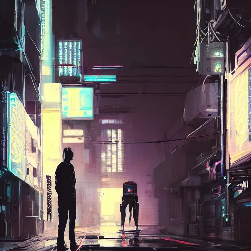 Image similar to a tall, broad-shouldered man standing in a neon lit alleyway, cyberpunk art, dramatic lighting, illustration by Greg rutkowski, yoji shinkawa, 4k, digital art, concept art, trending on artstation