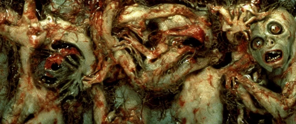 Prompt: filmic extreme wide shot movie still 4k UHD interior color photograph of multiple severed reanimated severed heads protruding out of a mutated abstract shape shifting organism with a variety of chimera animal limbs made of human internal organs, in the style of a horror film The Thing 1982