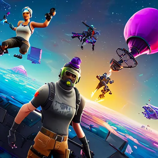Prompt: playing the videogame fortnite in another dimension in outspace and winning fortnite battle royale victory, futuristic, sci - fi, dreamy, auoracore, y 2 k, time travel, hd, digital art, trending on artstation,