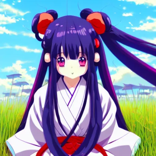 Prompt: A cute little anime girl with long indigo colored hair, wearing a red shrine maiden uniform, in a large grassy green field, petting a cat, shining golden hour, she has detailed purple anime eyes, extremely detailed cute anime girl face, she is happy, child like, near a Japanese shrine