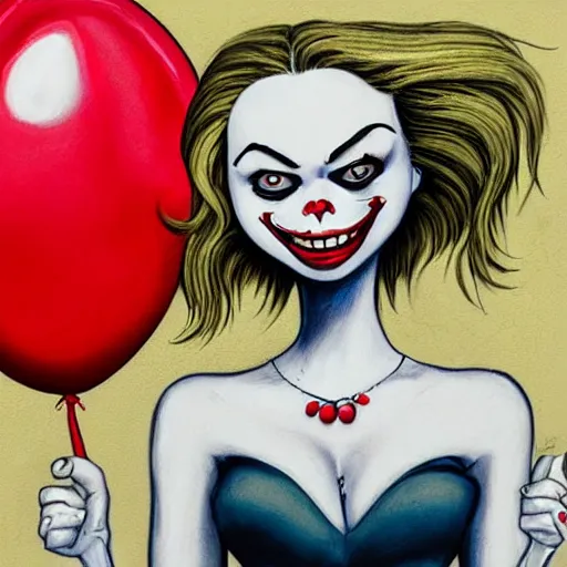 Image similar to grunge cartoon painting of margot robbie with a wide smile and a red balloon by chris leib, loony toons style, pennywise style, corpse bride style, horror theme, detailed, elegant, intricate