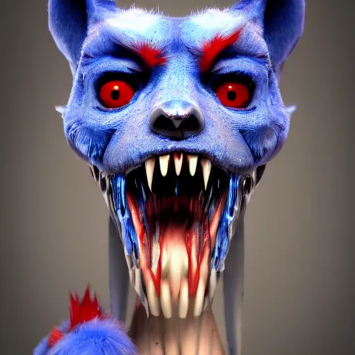 Image similar to a blue furry creature with large red lips, sharp teeth, 4 k photorealistic quality, trending on cgsociety, horror art, eerie art style