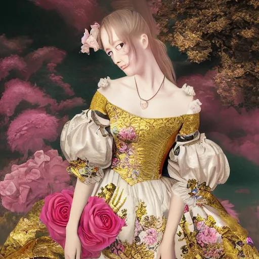 Image similar to 8k, octane render, realism, tonalism, renaissance, rococo, baroque, portrait of a young lady wearing long harajuku manga dress with flowers and skulls, background chaotic gold leaf flowers