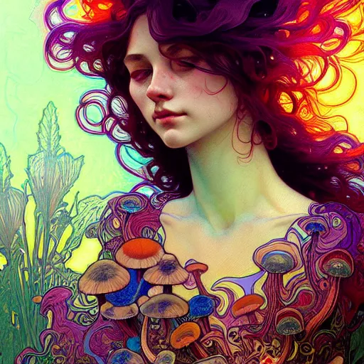 Prompt: A girl having an extremely colorful psychedelic experience, magic mushrooms, psilocybin, face, detailed, intricate, elegant, highly detailed, digital painting, artstation, concept art, smooth, sharp focus, illustration, art by Krenz Cushart and Artem Demura and alphonse mucha