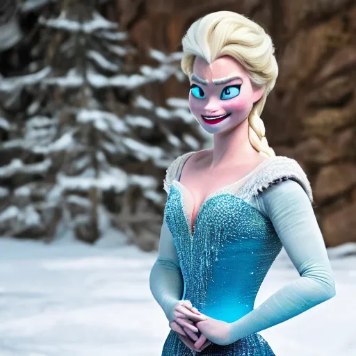 Image similar to Margot Robbie as Elsa in disney frozen live action, 8k full HD photo, cinematic lighting, anatomically correct, oscar award winning, action filled, correct eye placement,