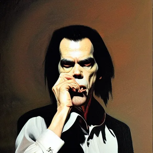 Prompt: Nick Cave singing by Phil Hale and Caravaggio
