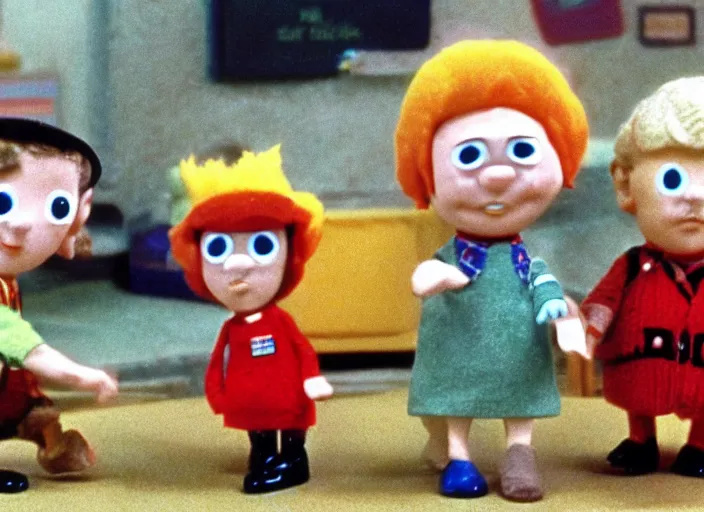 Image similar to a scene from a 1 9 7 0 s british kids tv programme by the bbc and oliver postgate, stop motion animation, postman pat, vhs distortion