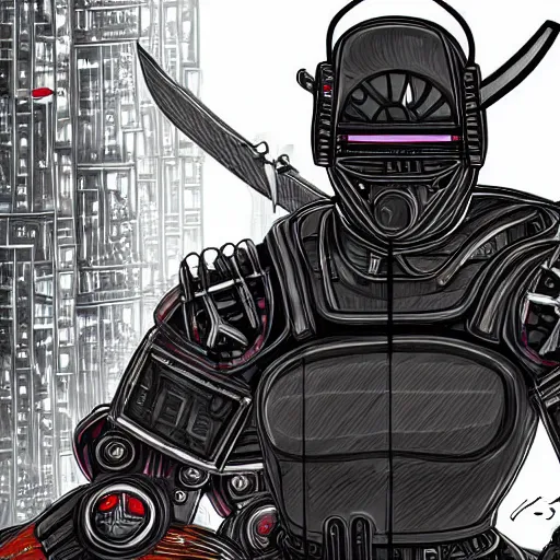 Prompt: beautiful hyper-detailed artwork of a robot ninja warrior with a sword, driving through the city, in a modified Nissan skyline r34, cyberpunk, lo-fi