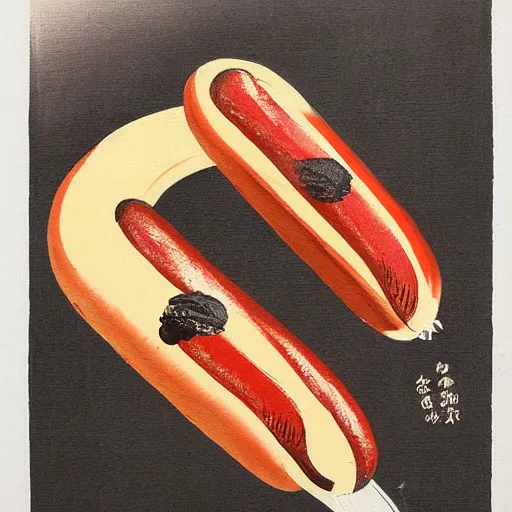 Prompt: high quality vintage brush painting of hot dog and coke by sakano ue no tamura maro