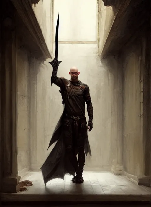 Image similar to a young man with wide, intense eyes, standing upside down on the ceiling of a hallway. he is bald and clean shaven, dressed entirely in white and holding a huge sword. painting by greg rutkowski and raymond swanland