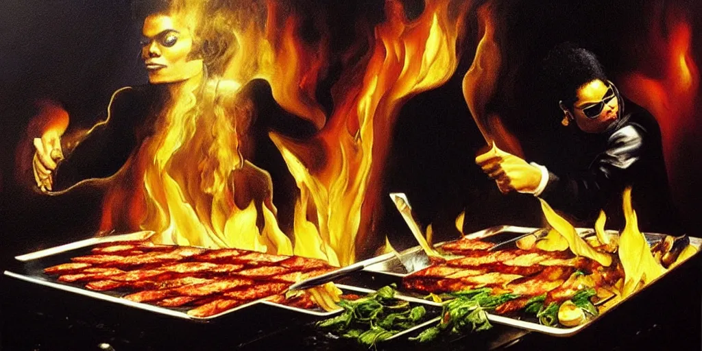 Image similar to michael jackson cooking a bbq in heaven, abstract oil painting by gottfried helnwein pablo amaringo raqib shaw zeiss lens sharp focus high contrast chiaroscuro gold complex intricate bejeweled