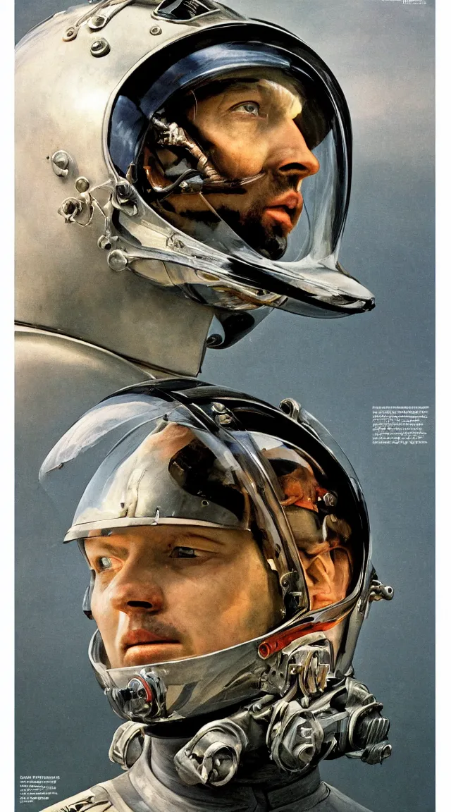 Image similar to beautiful extreme closeup portrait photo in style of frontiers in helmet motoracing dirt Helmets of Emperor Charles V the Wise science fashion magazine September retrofuturism edition, highly detailed, soft lighting, elegant , lighting, 35mm , Edward Hopper and James Gilleard, Zdzislaw Beksinski, Steven Outram, highly detailed