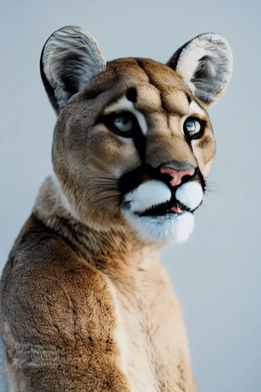 Prompt: furry anthro anthropomorphic portrait of a mountain lion head animal person fursona standing in a plain white room professional studio photo