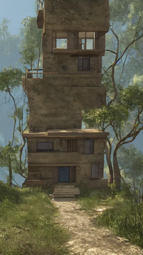 Image similar to a modernist house in the video game myst