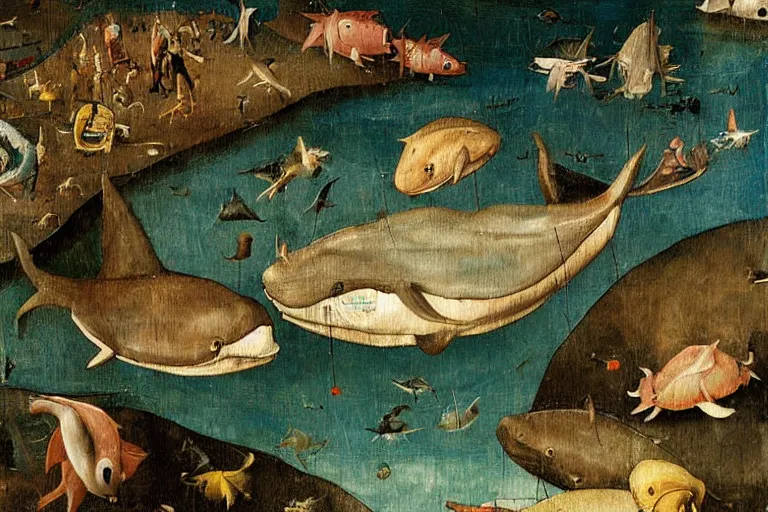 Prompt: a deep lake filled with fish people, dolphins, flippers hybrid half man half fish, monstruous dolphins, lizards, toads, jumping flying and eating frogs, detail of a painting by hieronymus bosch