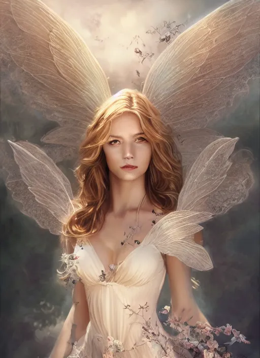 Image similar to full body portrait of a beautiful fairy women with wings of lace, by artgerm, sunny day, highly detailed, perfect lighting, perfect composition, symmetry, detailed features, 4 k, by alan lee, by derek zabrocki, by greg rutkowski