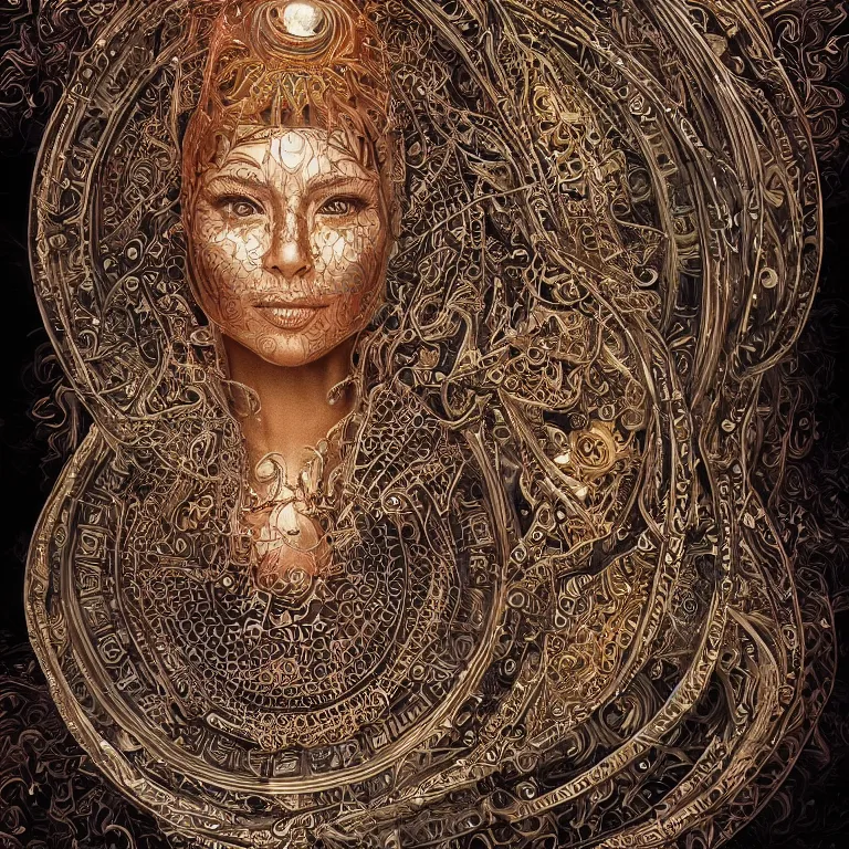 Image similar to octane render portrait by wayne barlow and carlo crivelli and glenn fabry, a high - end chrome android with intricate gold and silver detailing in the style of henna face tattoos, inside a complex mandala pattern made out of colorful flames, volumetric lighting and light rays, cinema 4 d, ray traced lighting, very short depth of field, bokeh