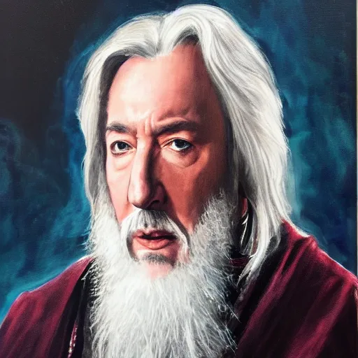 Image similar to A portrait of Alan Rickman depicted as Albus Dumbledore, oil painting