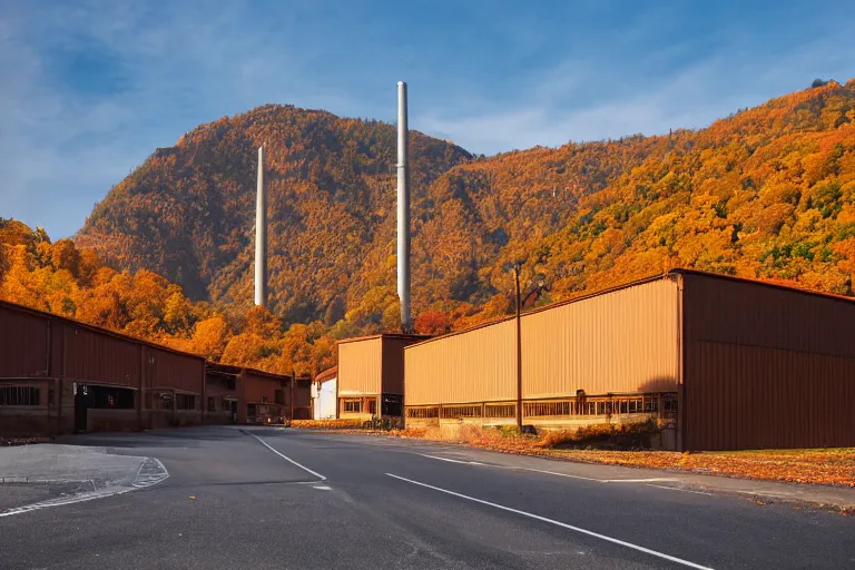 Prompt: warehouses on either side of a street, with an autumn hill directly behind, radio tower. Lens compression, photography, highly detailed