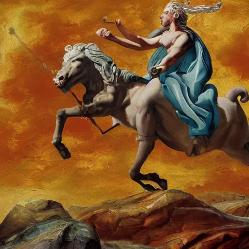 Image similar to a beautiful impasto oil painting of europa riding on zeus as a taurus by andy warholl, digital art