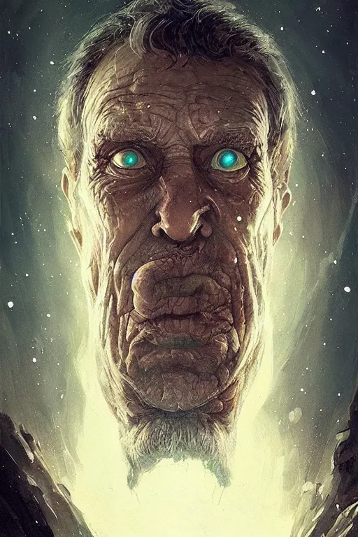 Prompt: the look of an elderly person full of wrinkles and imperfections by artgem and greg rutkowski, highly detailed, high contrast, trippy, nebula, trending on artstation