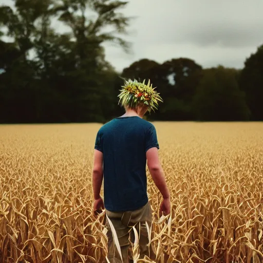 Image similar to agfa vista 4 0 0 photograph of a skinny blonde guy standing in a cornfield, flower crown, back view, grain, moody lighting, telephoto, 9 0 s vibe, blurry background, vaporwave colors!, faded!,