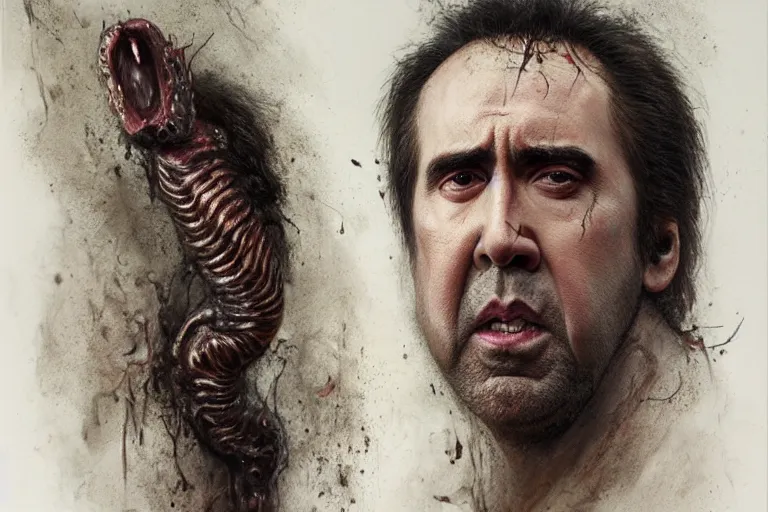 Image similar to Nicolas Cage face with body of rotten worm, dark fantasy, intricate, highly detailed, smooth, artstation, painted by Wayne Barlowe, Greg Rutkowski, zdislav beksinski, Francis Bacon