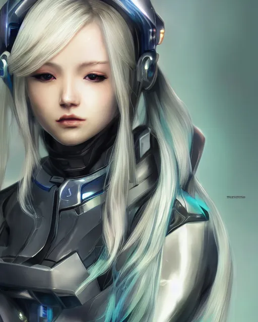 Image similar to perfect android girl, warframe armor, beautiful face, scifi, futuristic, galaxy, nebula, bae suzy, dreamy, long white hair, blue cyborg eyes, cinematic lighting, highly detailed, focused, artstation, divine, by gauthier leblanc, kazuya takahashi, huifeng huang, jama jurabaev