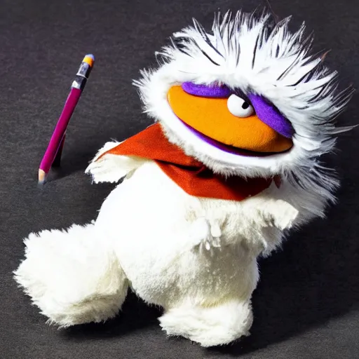 Prompt: dungeons and dragons egg white grung cleric as a chibi muppet plush wearing a big dark wolf pelt headdress and carrying a tiny sketch book and pencil, photorealistic, photography, national geographic, sesame street