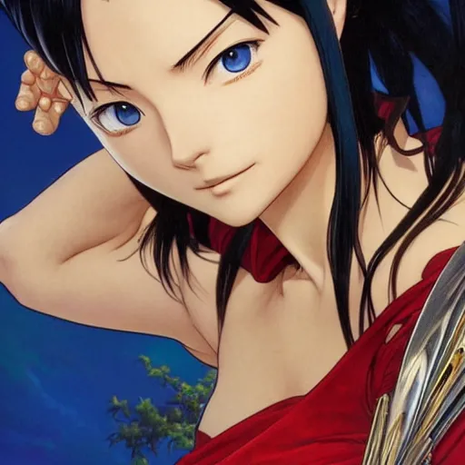 Image similar to highly detailed vfx portrait of nico robin by eiichiro oda!, makoto shinkai, alphonse mucha, sharp focus, art by artgerm and greg rutkowski!, backlit, harsh overhead sunlight, blue eyes!!, large aquiline nose!!, stanley kybric, kaoru mori, shadows, best of behance,