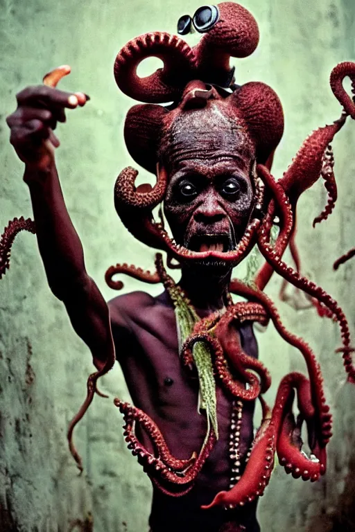 Prompt: A wideangle colorchrome shot of a old screaming voodoo priest with a octopus on his head and the tentacles around his body, low light, style by Steve McCurry, scary, evil looking, wide angle shot