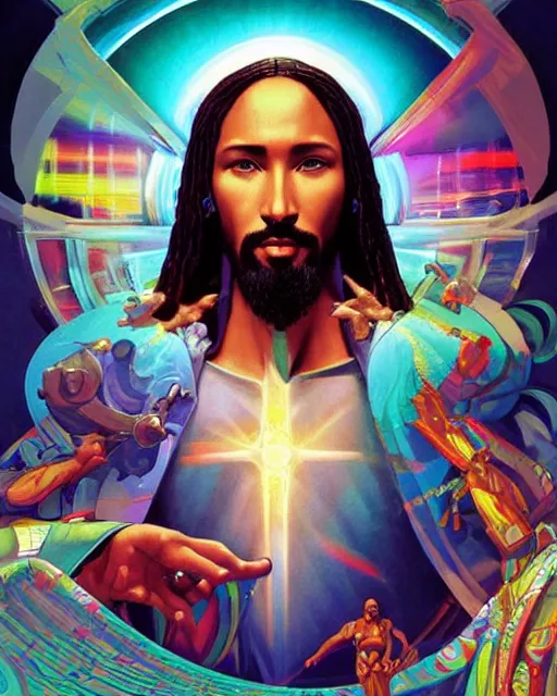 Prompt: stylish 3 d vfx - drew struzan movie poster - art of an african jesus surrounded by technology, art style by james jean & hsiao - ron cheng, unreal engine render, digital illustration, sharp, intricate detail, volumetric lighting, ray tracing, soft light, colourful, claymation style, ernie barnes style, symmetry, pinterest, artstation, behance